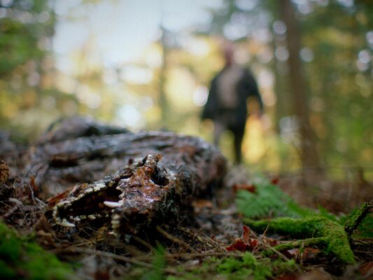 A close up of a decomposing animal with Johnny (Ry Barrett) in the blurry background