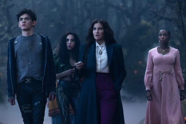 (L-R): Teen (Joe Locke), Rio Vidal (Aubrey Plaza), Agatha Harkness (Kathryn Hahn) and Jennifer Kale (Sasheer Zamata) stand in a foggy forest