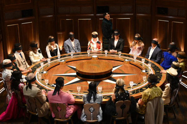 A group of blindfolded people sitting around a large round table