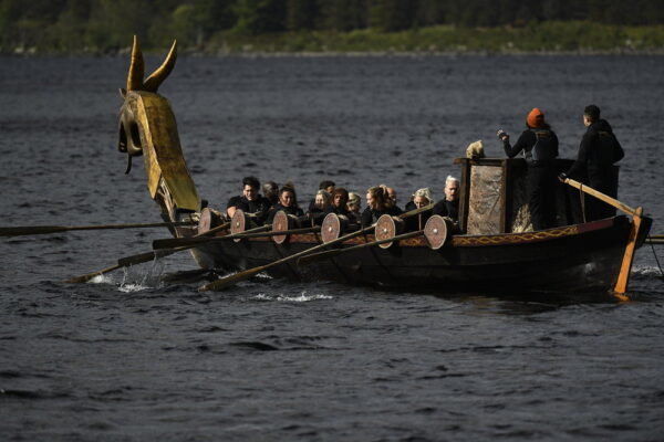 A large viking boat with dragon head, filled with people rowing