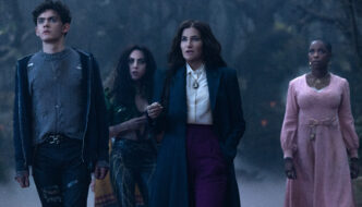 (L-R): Teen (Joe Locke), Rio Vidal (Aubrey Plaza), Agatha Harkness (Kathryn Hahn) and Jennifer Kale (Sasheer Zamata) stand in a foggy forest